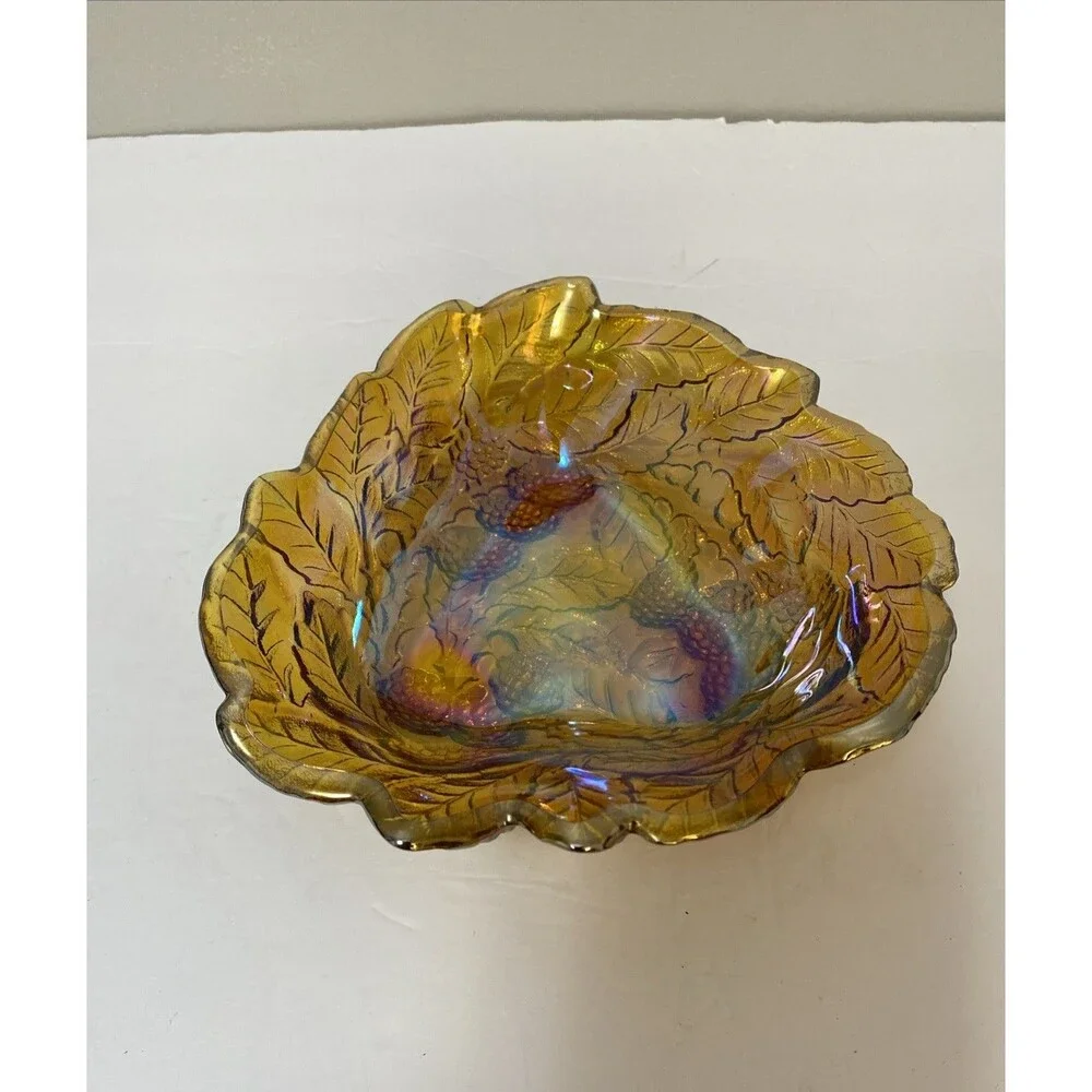 Vintage Indiana Carnival Glass Loganberry Leaf Amber Marigold Candy Dish Bowl